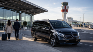 Luxe zwarte 8-persoons taxibus bij Rotterdam The Hague Airport voor vervoer van en naar Utrecht